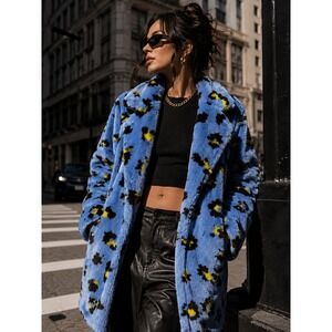 Blue Leopard Faux Fur Coat Yellow Animal Print Oversized Mid Length Jacket OS